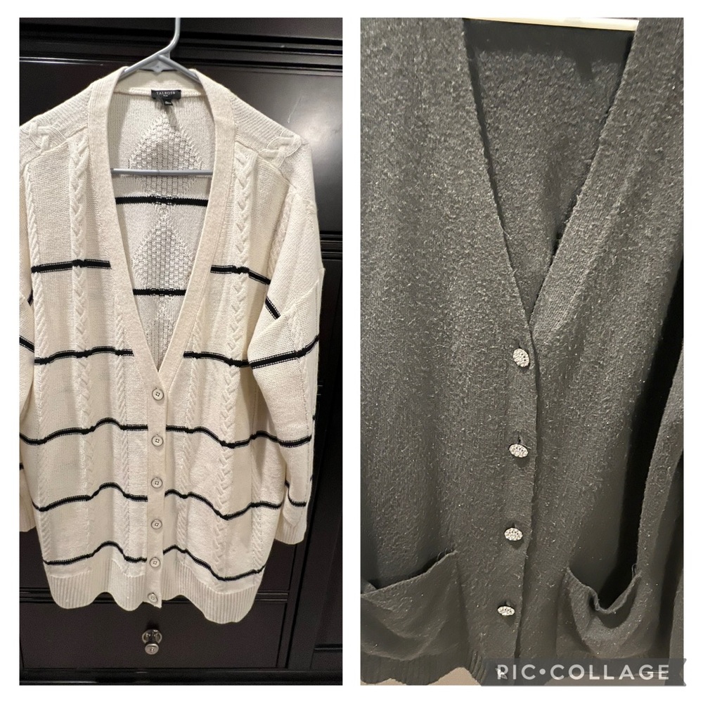 Set of 2 Talbots Cardigans-Striped Cream and Black Sweater with Jeweled Buttons